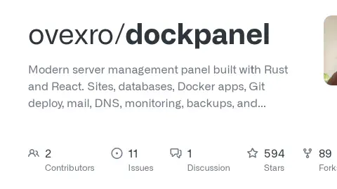 GitHub - ovexro/dockpanel: Modern server management panel built with Rust and React. Sites, databases, Docker apps, Git deploy, mail, DNS, monitoring, backups, and security — all in one panel.