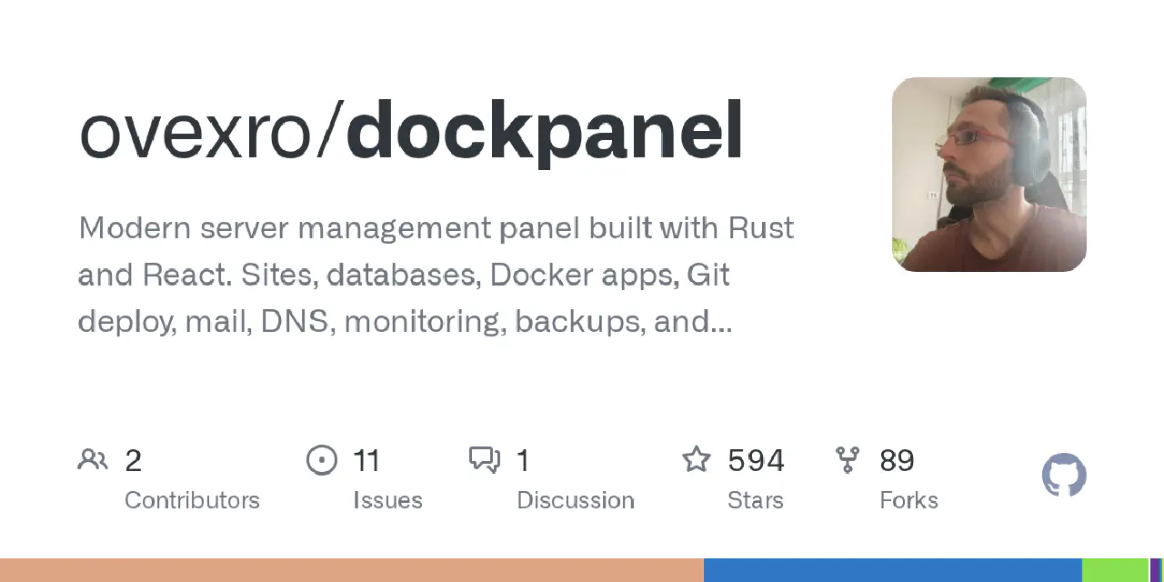 GitHub - ovexro/dockpanel: Modern server management panel built with Rust and React. Sites, databases, Docker apps, Git deploy, mail, DNS, monitoring, backups, and security — all in one panel.