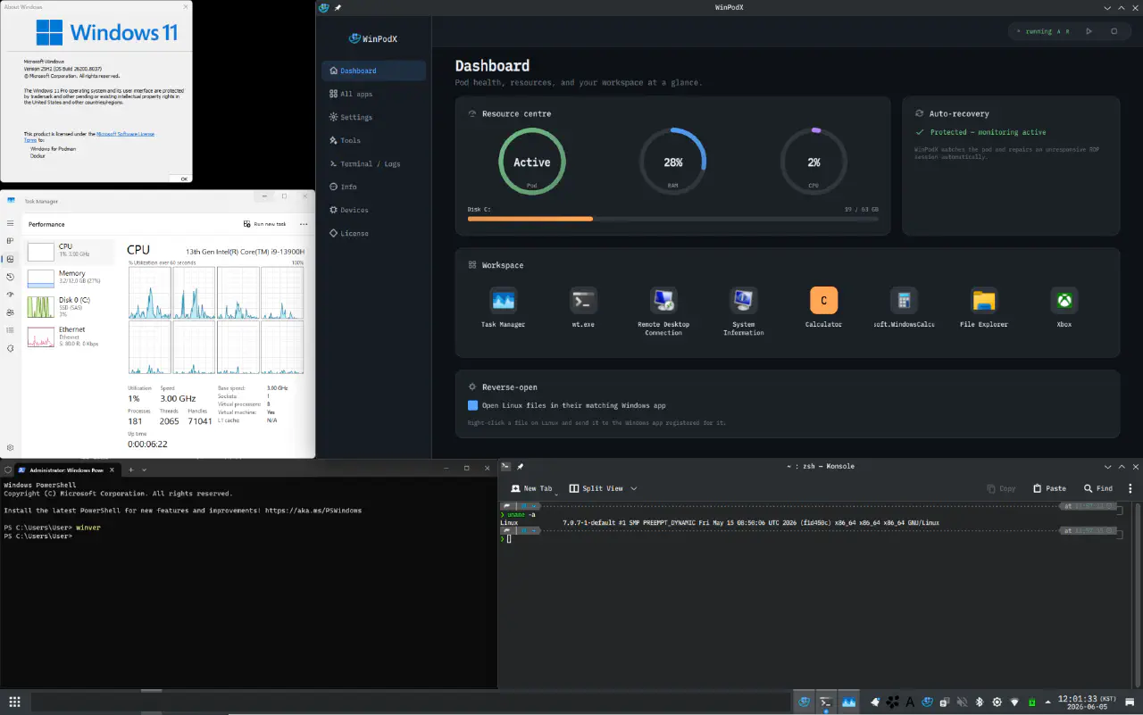 WinPodX — Windows apps as native Linux windows
