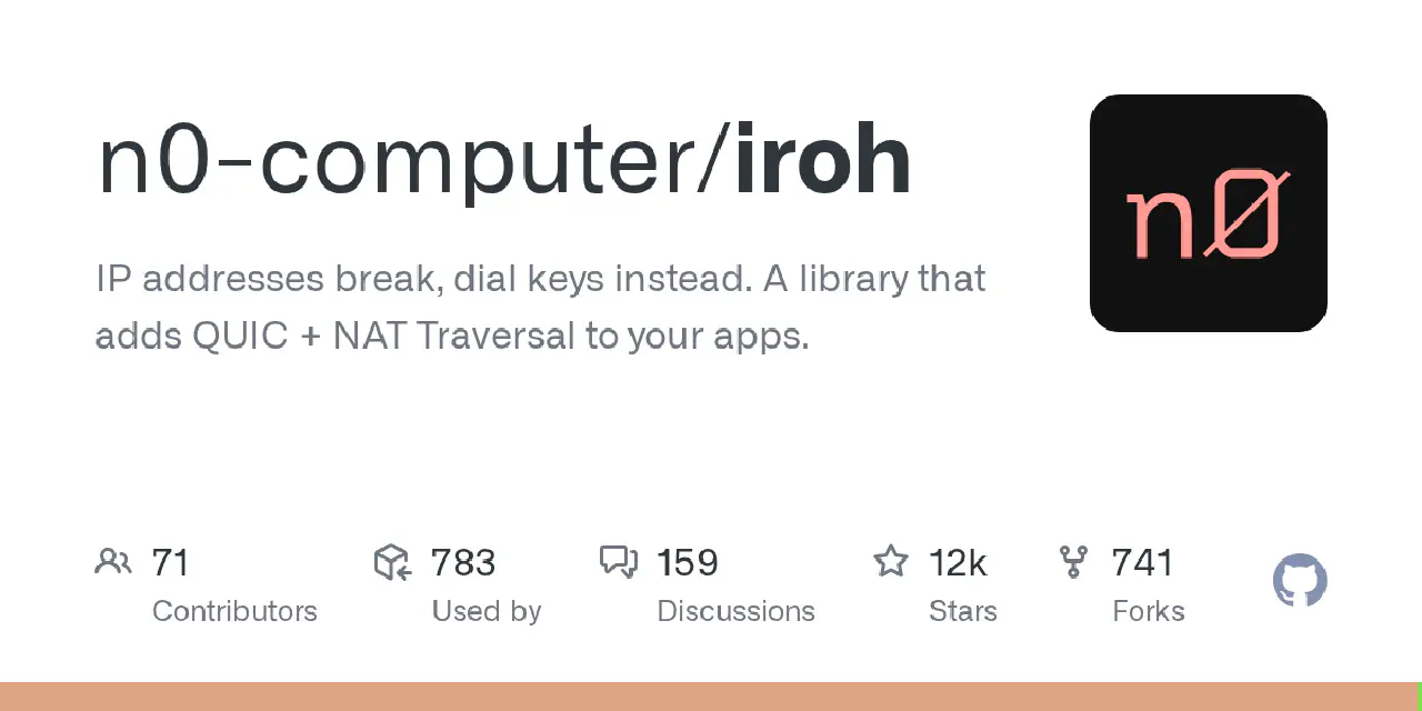 GitHub - n0-computer/iroh: IP addresses break, dial keys instead. A library that adds QUIC + NAT Traversal to your apps.
