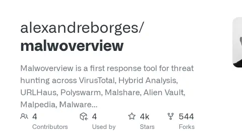 GitHub - alexandreborges/malwoverview: Malwoverview is a first response tool for threat hunting across VirusTotal, Hybrid Analysis, URLHaus, Polyswarm, Malshare, Alien Vault, Malpedia, Malware Bazaar, ThreatFox, Triage, IPInfo, Shodan, AbuseIPDB, GreyNoise, URLScan.io, Whois/RDAP, NIST, and VulnCheck. Supports LLM enrichment, IOC extraction, YARA scanning, and Android analysis.