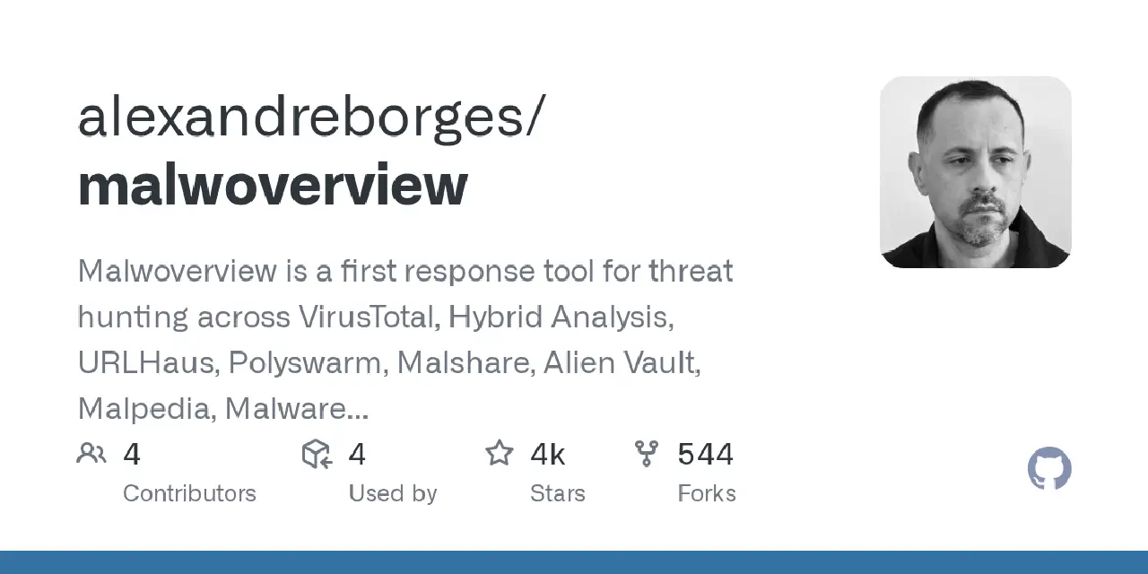 GitHub - alexandreborges/malwoverview: Malwoverview is a first response tool for threat hunting across VirusTotal, Hybrid Analysis, URLHaus, Polyswarm, Malshare, Alien Vault, Malpedia, Malware Bazaar, ThreatFox, Triage, IPInfo, Shodan, AbuseIPDB, GreyNoise, URLScan.io, Whois/RDAP, NIST, and VulnCheck. Supports LLM enrichment, IOC extraction, YARA scanning, and Android analysis.