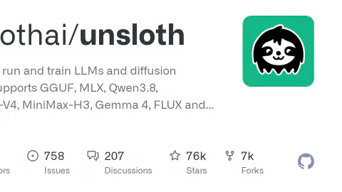 GitHub - unslothai/unsloth: Local UI to run and train LLMs and diffusion models. Supports GGUF, MLX, Qwen3.8, DeepSeek-V4, MiniMax-H3, Gemma 4, FLUX and more.